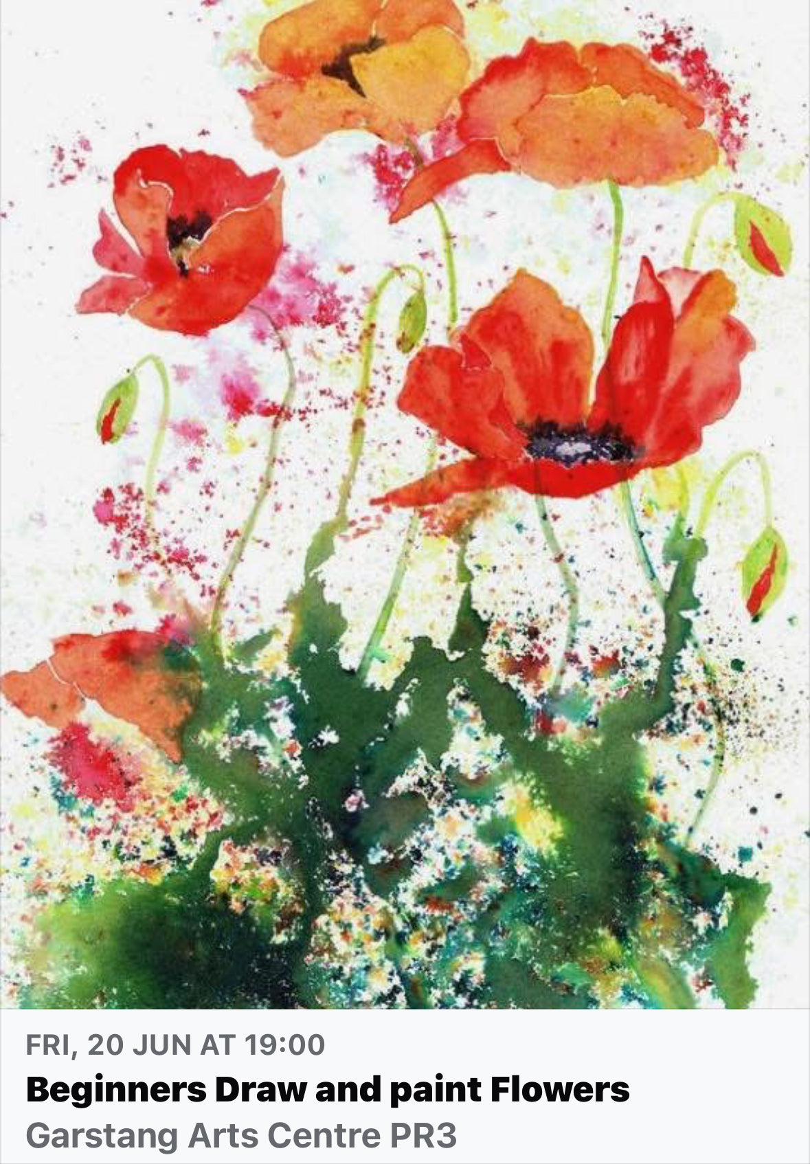 Have a fun relaxing Friday 20th June 7pm Evening, painting Summer Flowers in our Beginners drawing and Watercolour Class, Garstang
